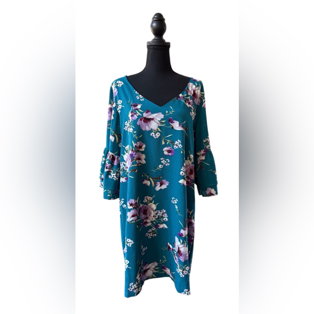 Belongsci Blue Teal Floral V Neck Dress with Tiered Sleeves